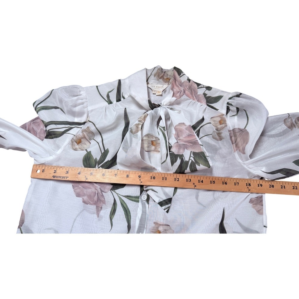 Ted Baker London Floral Tie Bow Blouse White Pink Tulip Print Tie Neck Size 1 - Picture 5 of 6